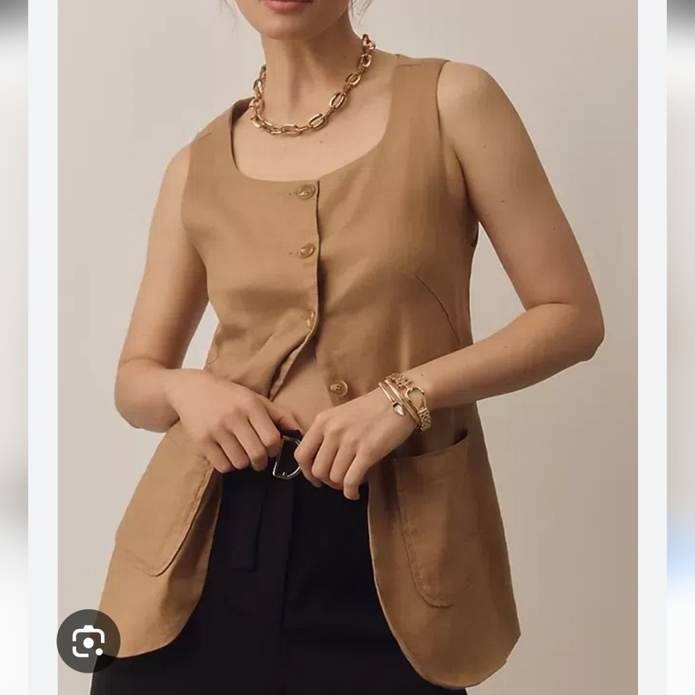 Maeve Anthropologie-Mod Linen Square Neck Vest in Beige-Size Medium